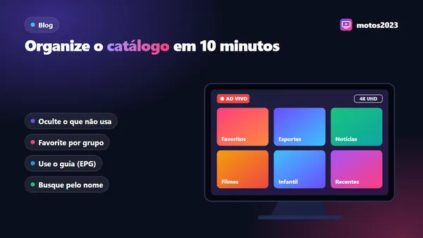TV mostrando a grade de categorias do IPTV com favoritos, busca e guia de programação em destaque