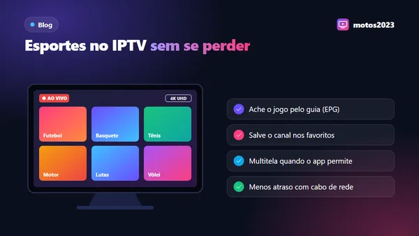 TV com grade de esportes no aplicativo de IPTV e dicas de guia de programação, favoritos, multitela e cabo de rede