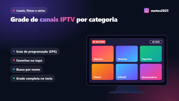 Grade de canais IPTV na TV dividida em categorias como notícias, esportes, filmes, infantil e documentários