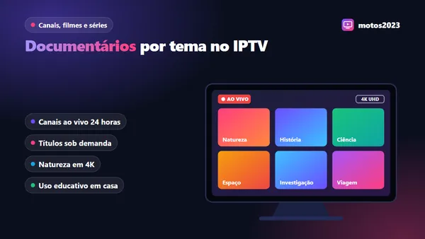Categorias de documentários no IPTV com natureza, história, ciência, espaço e investigação em uma TV da sala