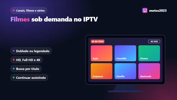Catálogo de filmes sob demanda no IPTV com categorias por gênero e opções de áudio dublado e legendado