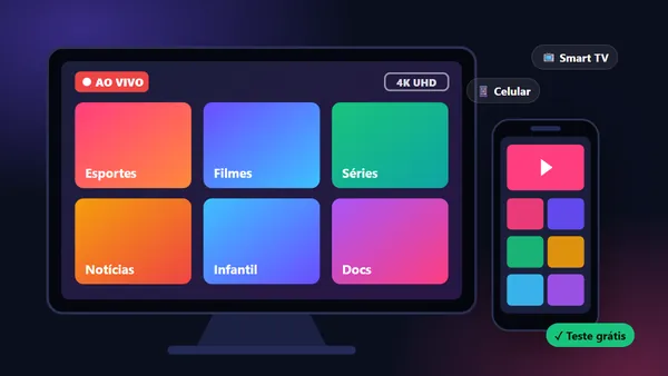 IPTV na Smart TV com grade de canais ao vivo de esportes, filmes, séries e notícias, e o mesmo acesso aberto no celular