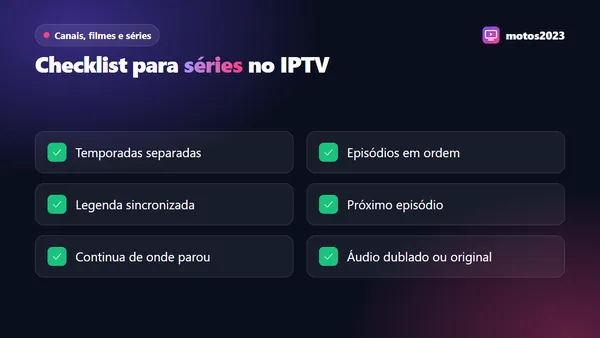 Tela de série no IPTV com seletor de temporada, lista de episódios e marcação de episódios assistidos